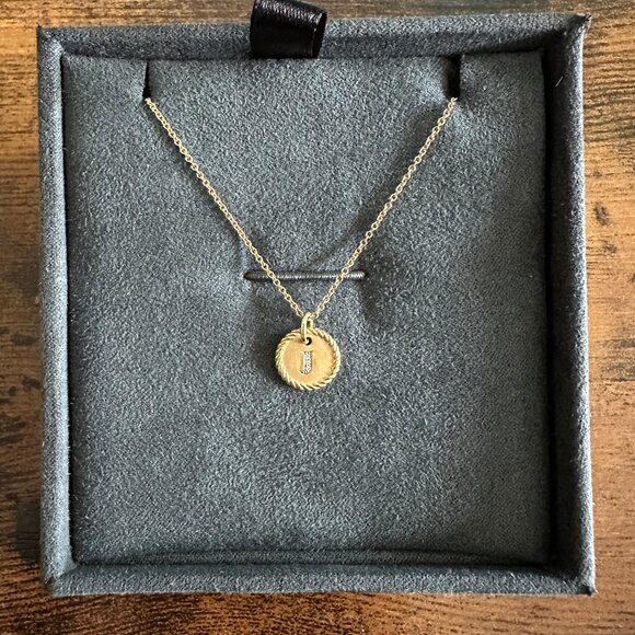 David Yurman Initial "J" Charm Necklace in 18K Yellow Gold & Pavé White Diamonds - Picture 1 of 16